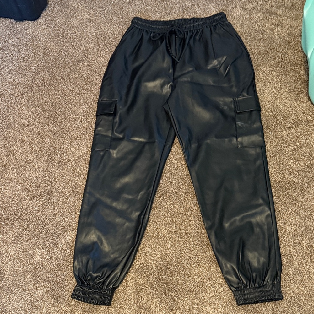 Black Faux Leather Jogger Pants